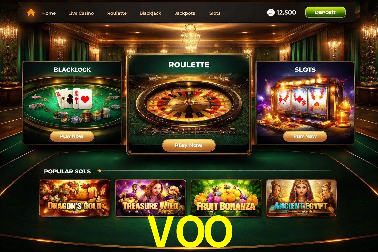 Vista de la plataforma VOO Casino mostrando categorías organizadas de juegos en línea