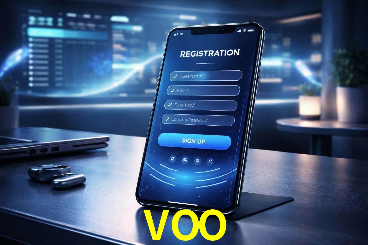 Una interfaz moderna de registro móvil para VOO mostrada en un smartphone con un panel de apuestas elegante.